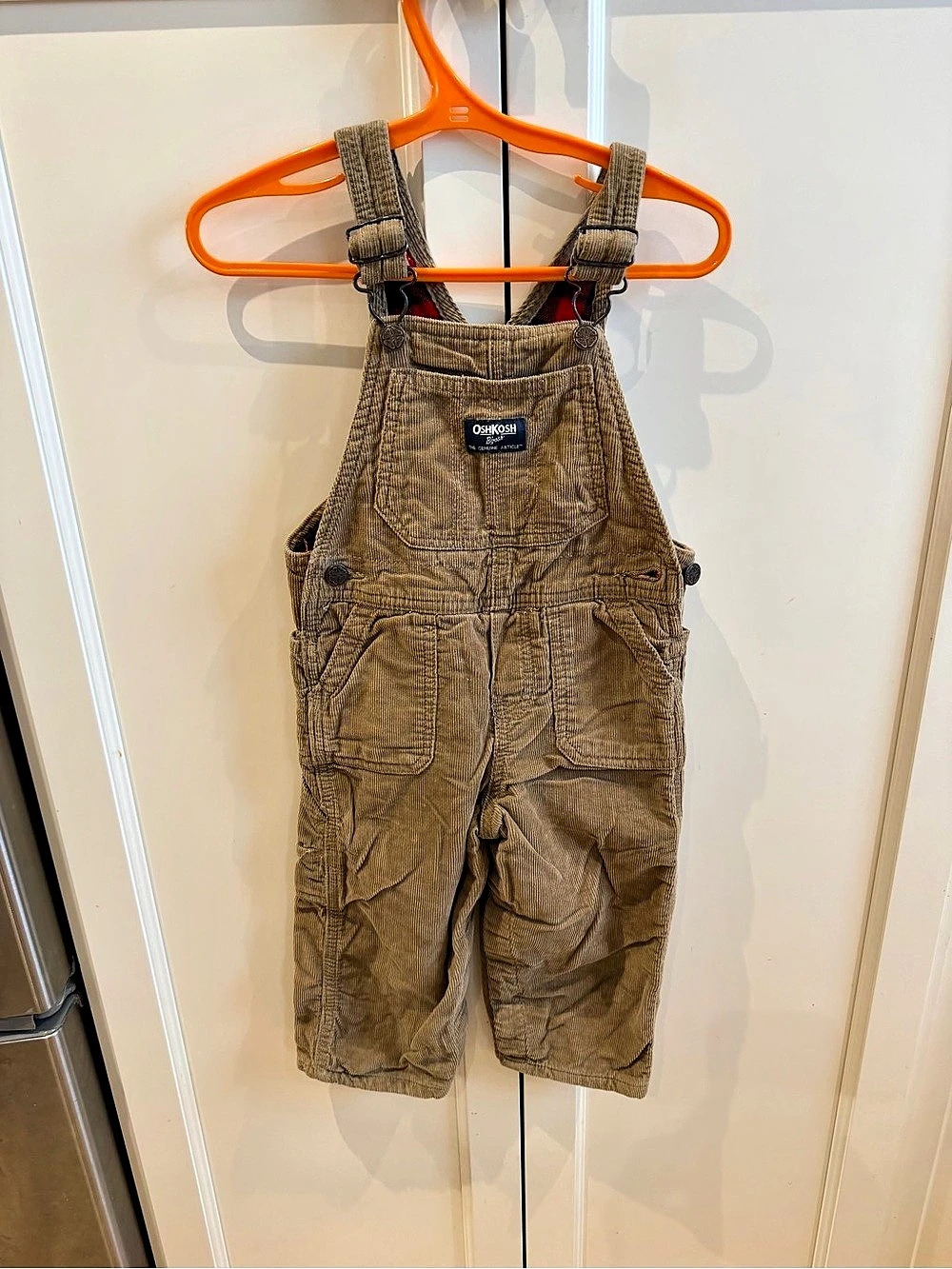 OshKosh B'gosh Corduroy Flannel Lined Overalls Baby 24M Brown & Red
